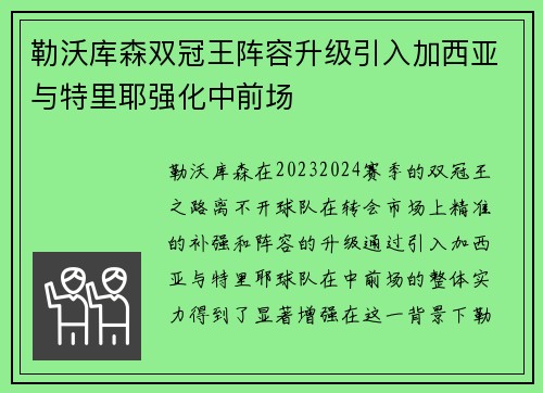 勒沃库森双冠王阵容升级引入加西亚与特里耶强化中前场