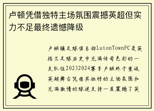 卢顿凭借独特主场氛围震撼英超但实力不足最终遗憾降级